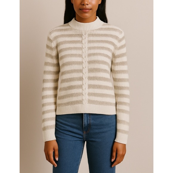 Talbots Women's Sweater Size S White Gray Striped‎ Cable Knit Mock Neck Pullover - Picture 1 of 7